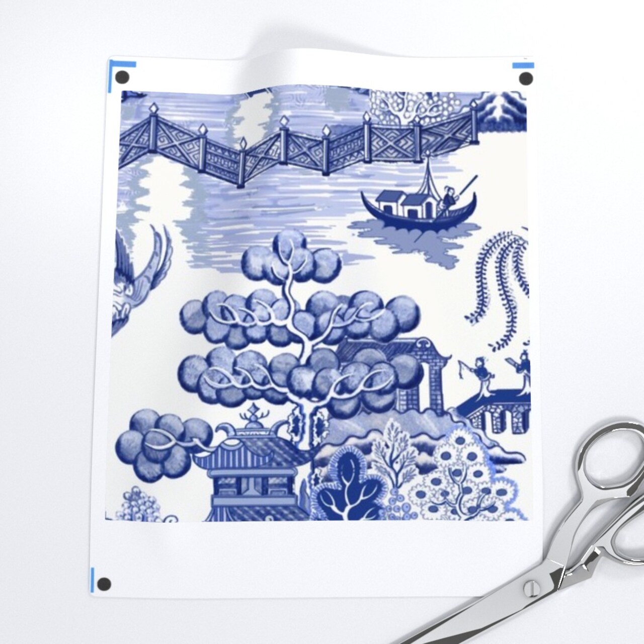 Pagoda Chinoiserie Blue Toile Chinese Botanical Garden Willow Cottagecore Grandmillennial Custom Printed Fabric by Spoonflower Various Fabrics by the Yard or Fat Quarter